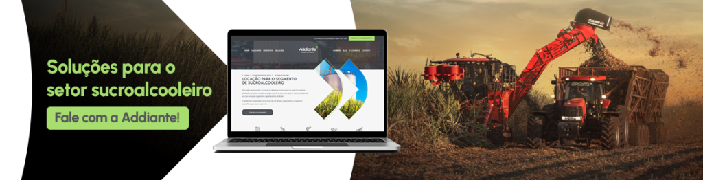 Imagem de banner com a foto de um veículo agrícola e a tela do computador.