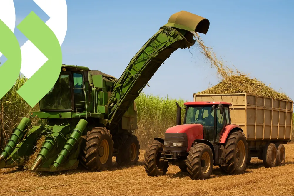 Colheita mecanizada de cana-de-açúcar com implemento canavieiro acoplado a trator, destacando tecnologia agrícola