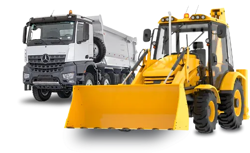 Caminhão basculante Mercedes-Benz e retroescavadeira amarela para locação, representando soluções para obras de construção e serviços de infraestrutura pesada.