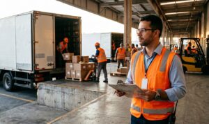 Profissional de logística com colete de segurança e tablet acompanha operação de crossdocking em doca de distribuição, com caminhão pesado e movimentação de carga ao fundo