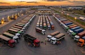 Vista aérea de um pátio logístico organizado ao pôr do sol, com técnicos inspecionando caminhões para garantir a eficiência da operação e melhorar o lead time de entrega.