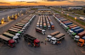 Vista aérea de um pátio logístico organizado ao pôr do sol, com técnicos inspecionando caminhões para garantir a eficiência da operação e melhorar o lead time de entrega.