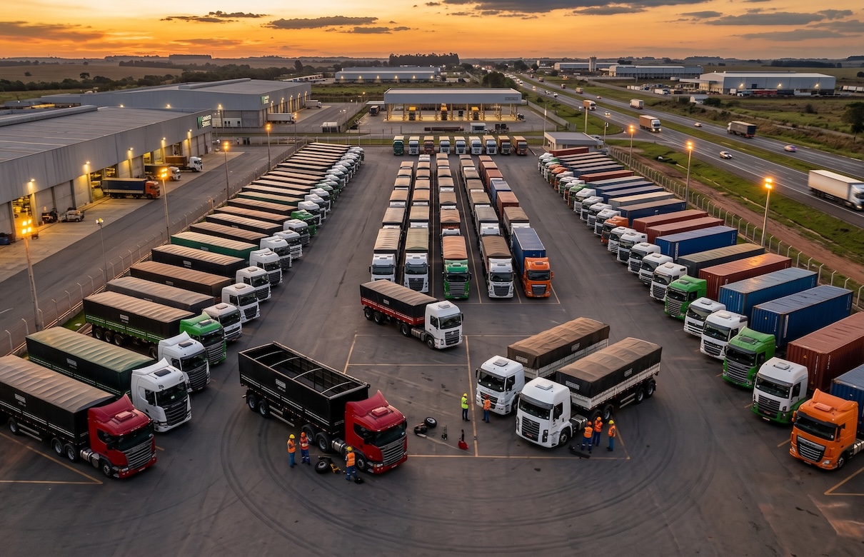 Vista aérea de um pátio logístico organizado ao pôr do sol, com técnicos inspecionando caminhões para garantir a eficiência da operação e melhorar o lead time de entrega.