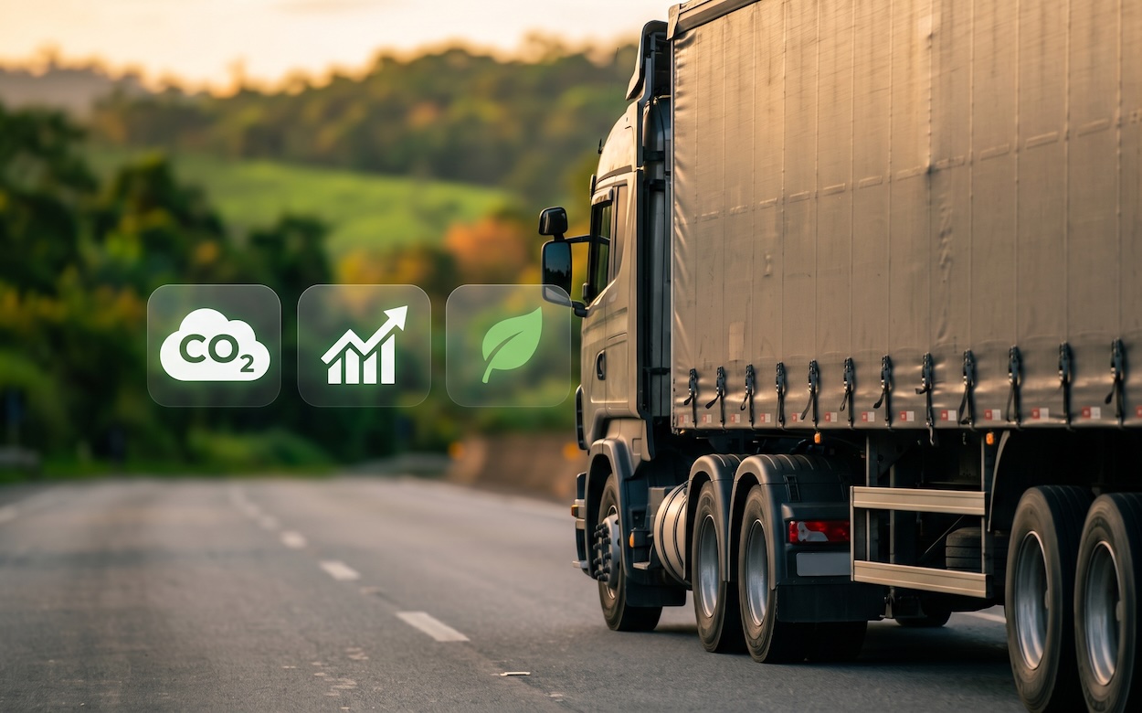 Caminhão pesado em rodovia brasileira com ícones sobrepostos representando indicadores de ESG e emissão de carbono