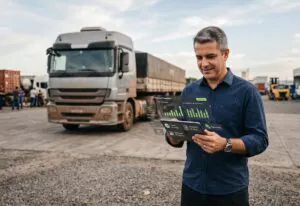 Gestor de frota analisa indicadores de custo operacional em tablet, com caminhão pesado ao fundo em pátio logístico
