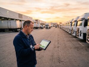 Gestor de frota analisa indicadores de disponibilidade em tablet com fileira de caminhões de aluguel ao fundo em pátio logístico ao entardecer