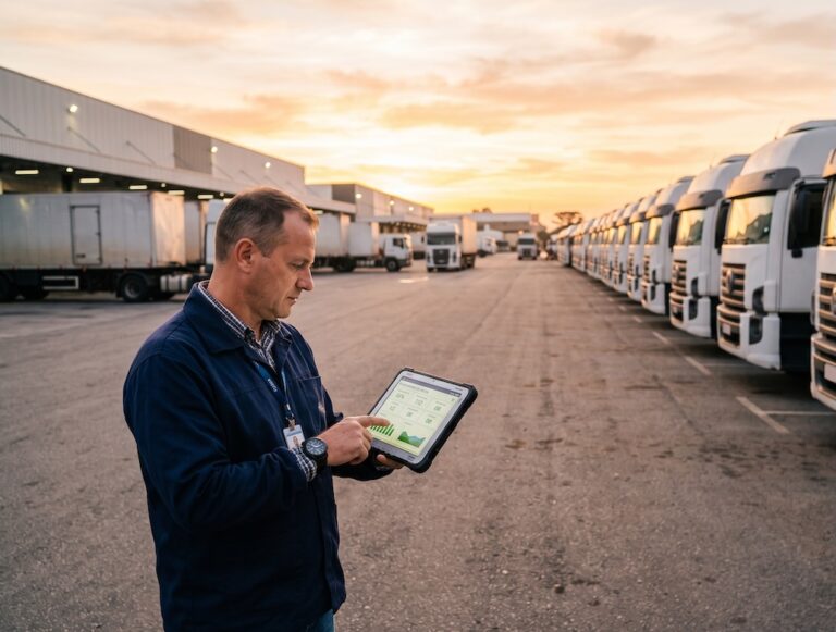 Gestor de frota analisa indicadores de disponibilidade em tablet com fileira de caminhões de aluguel ao fundo em pátio logístico ao entardecer