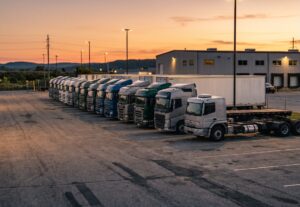 Fileira de caminhões pesados estacionados em um pátio logístico ao entardecer, simbolizando ativos parados