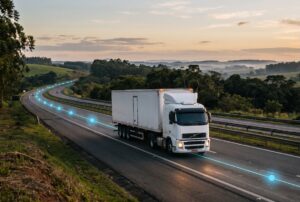 Caminhão de carga trafegando em rodovia ao entardecer, com uma linha de rota digital e um ponto de localização sobrepostos à cena