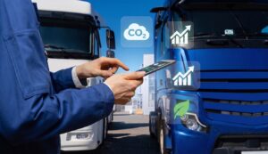 Gestor de frota usa tablet diante de caminhões com indicadores de emissão de CO2 e desempenho ESG