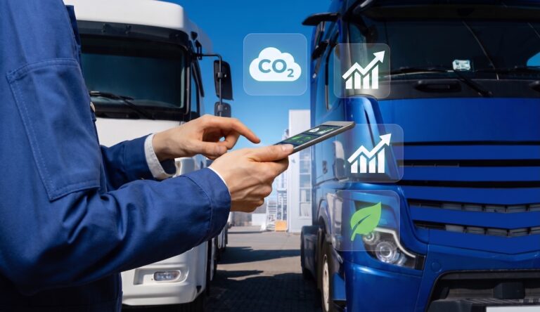 Gestor de frota usa tablet diante de caminhões com indicadores de emissão de CO2 e desempenho ESG
