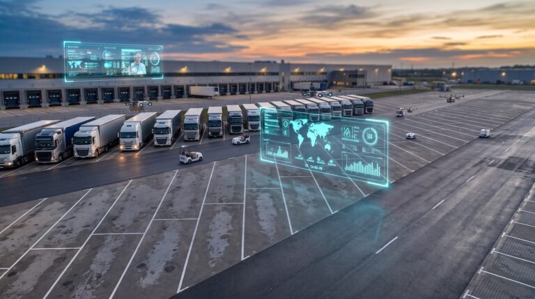 Fileira de caminhões pesados estacionados em pátio logístico ao entardecer, com painéis digitais de monitoramento, mapa de rotas e veículos autônomos ao fundo, representando a gestão tecnológica de frotas