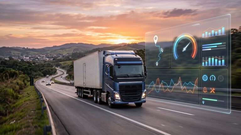 Caminhão pesado em rodovia ao entardecer com painel digital de telemetria sobreposto mostrando indicadores de desempenho