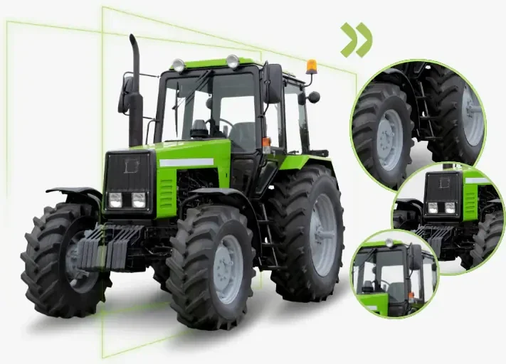Trator agrícola verde com close-ups em destaque, representando a solução ideal para locação de máquinas pesadas no agronegócio e preparo de solo.